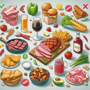 Processed foods (includes: bacon, sausages) Red meat (includes: fats) Excessive alcohol. Junk food (includes: candies, chips) High-sugar foods and drinks. 9ledge Feed