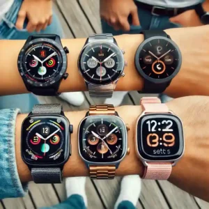 DALL·E 2024 07 11 11.26.58 A close up image of the latest smartwatches Apple Watch Series 9 Samsung Galaxy Watch 6 Fitbit Sense 2 showcasing their sleek designs and advanced 1 1